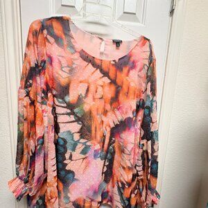 Torrid Orange Multi Color Lined Plus Size4 Blouse with Ruched sleeves